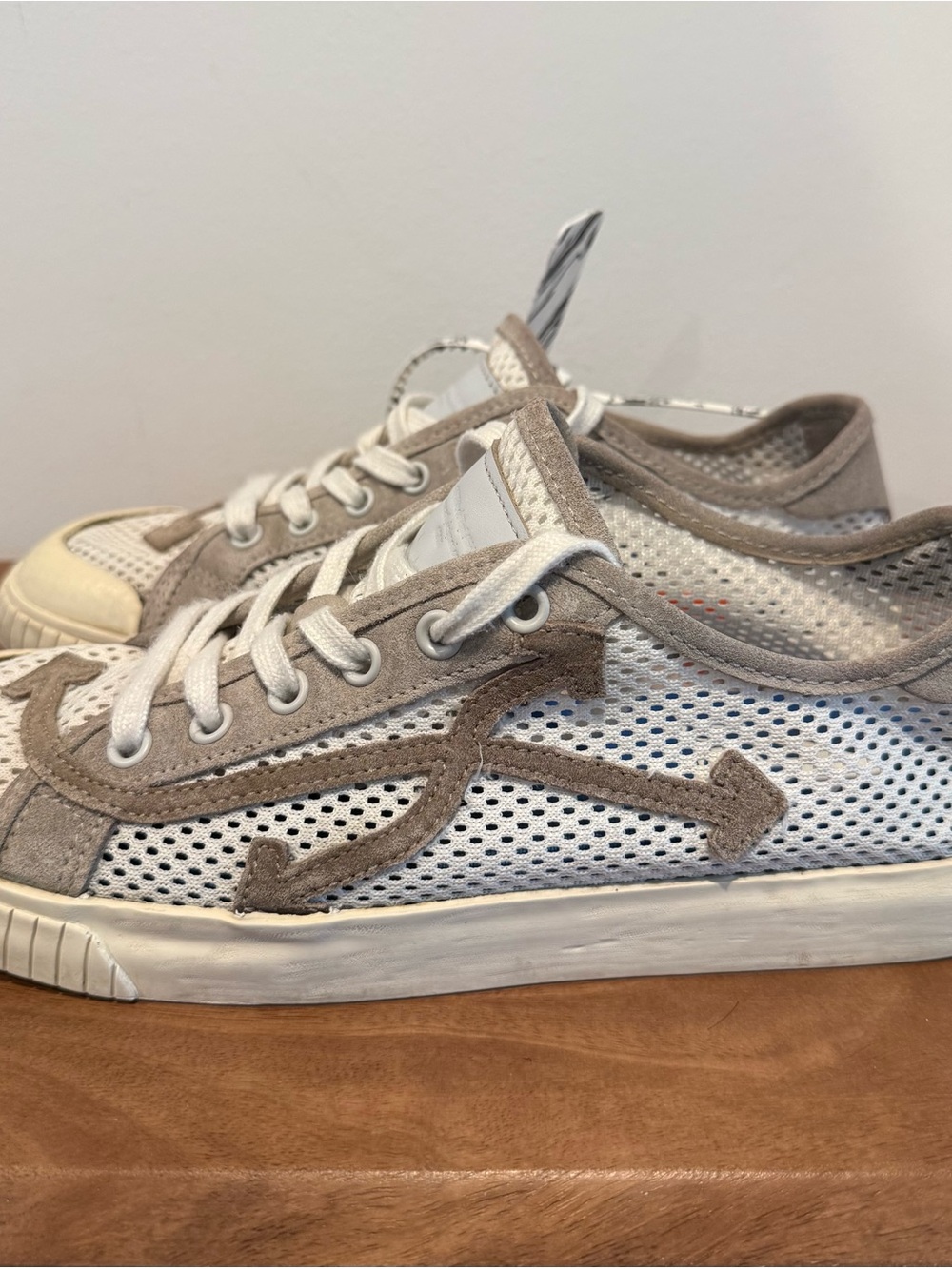 Off-White White and Taupe Mesh Low-Top Sneakers